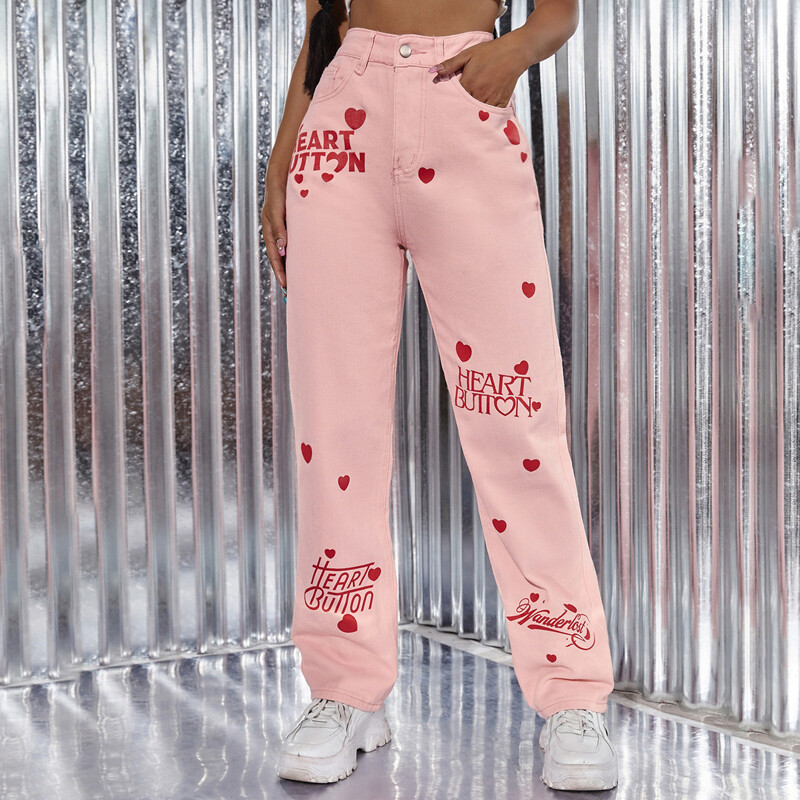

Heart & Letter Graphic Straight Leg Jeans, Baby pink
