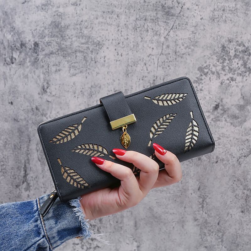

1pc Leaf Decor Purse, Black