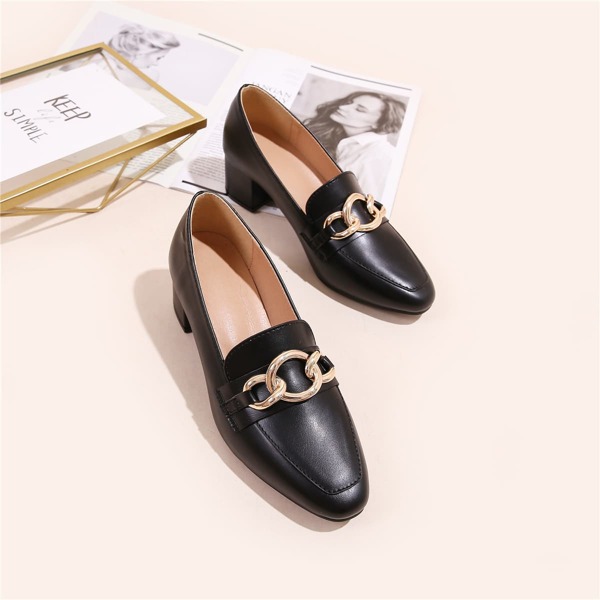 

Chain Decor Chunky Heeled Loafer Pumps, Black