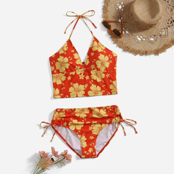 

Plus Floral Print Halter Tie Side Bikini Swimsuit, Multicolor