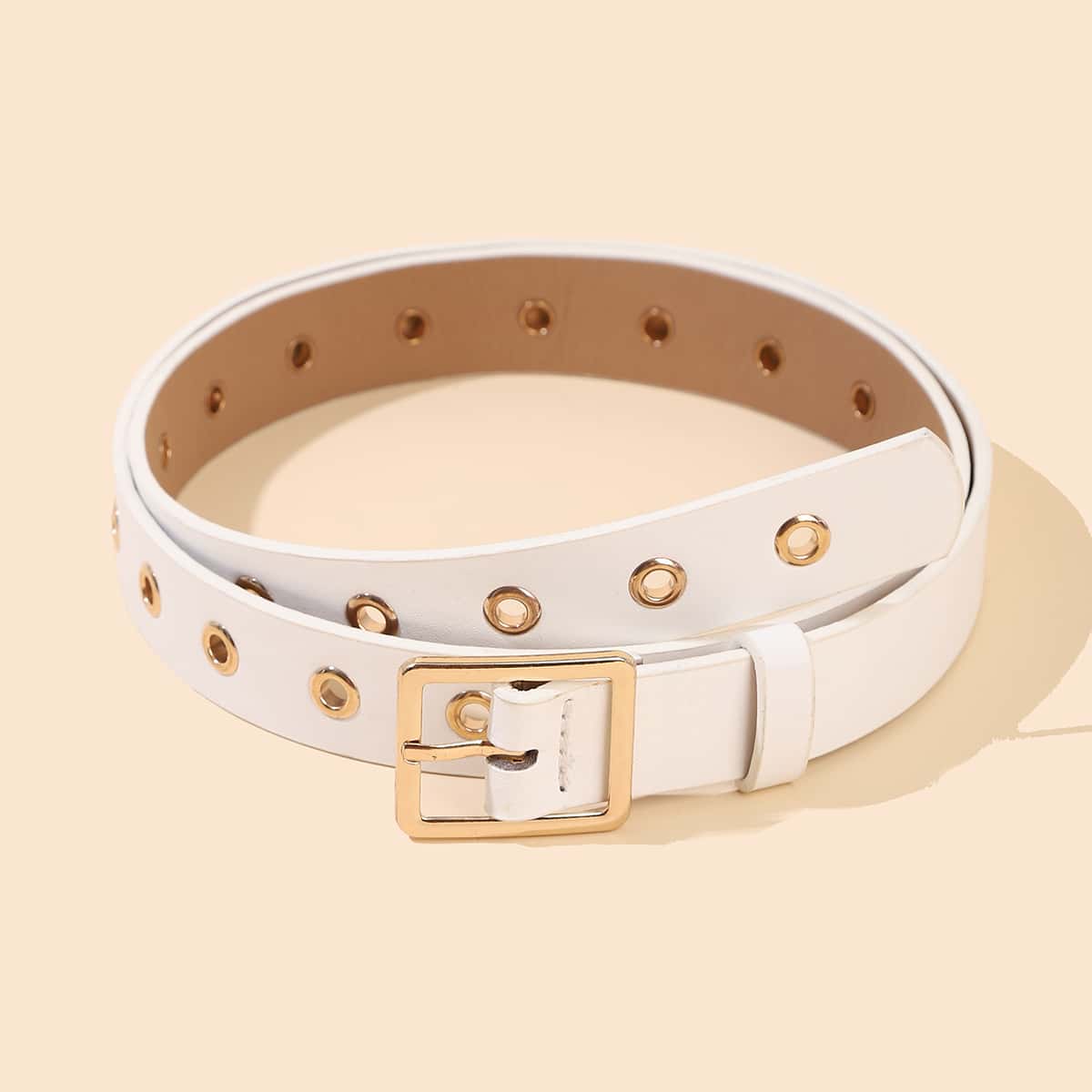 

Eyelet Decor Buckle Belt, White