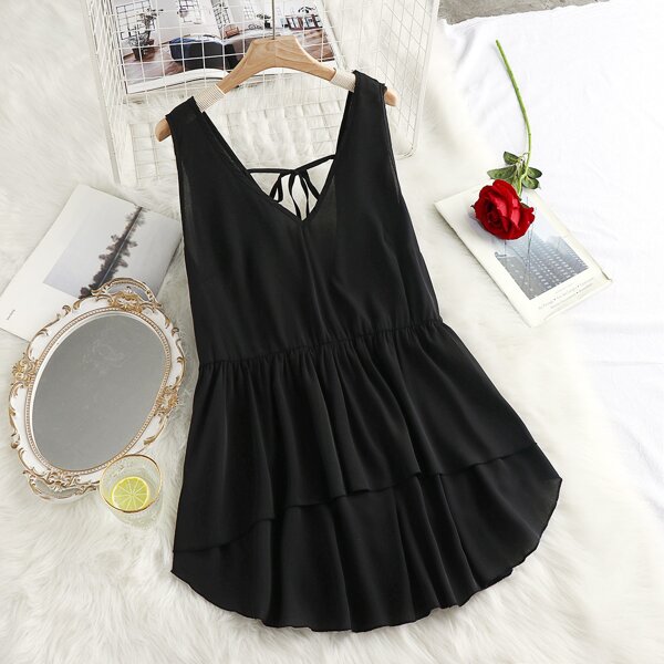 

Plus V-neck Tie Back Ruffle Hem Tank Top, Black