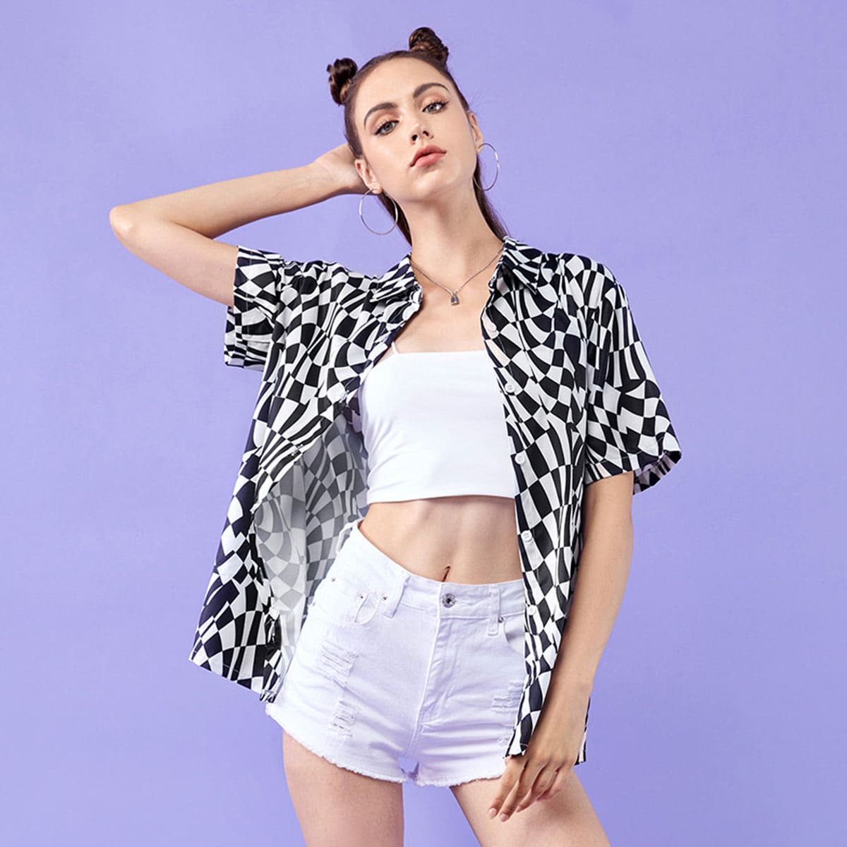 

Geo Button Front Blouse, Black and white