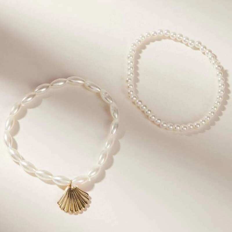 

2pcs Faux Pearl Decor Anklet, Gold