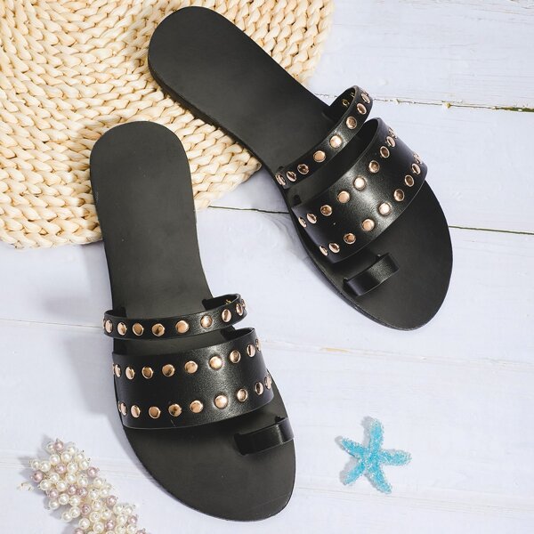 

Studded Decor Thong Sandals, Black