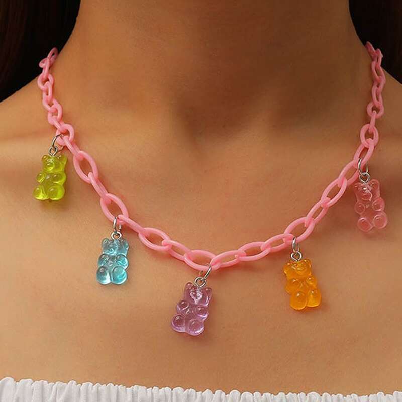 

Cartoon Bear Decor Chain Necklace, Pink