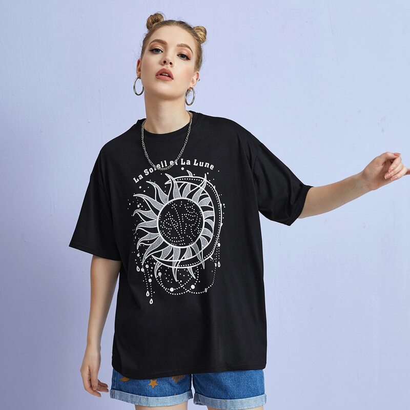 

Letter Sun & Moon Graphic Oversized Tee, Black