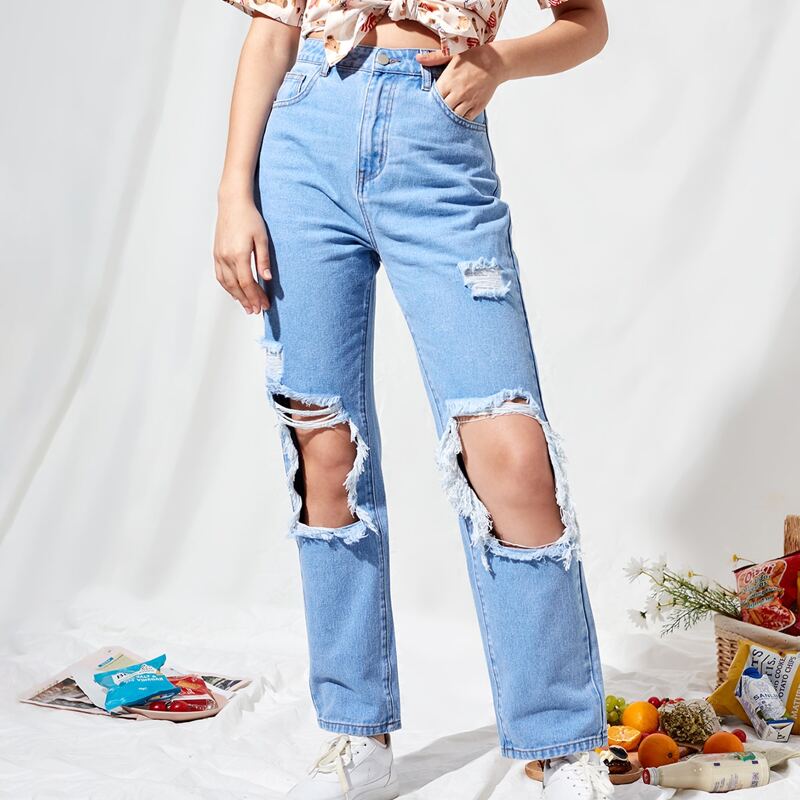 

Ripped Straight Leg Jeans, Light wash