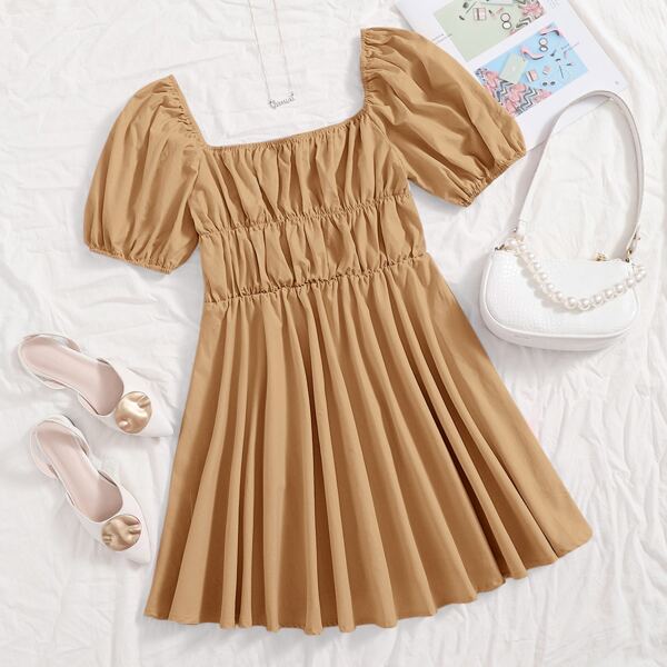 

Square Neck Puff Sleeve Dress, Mocha brown