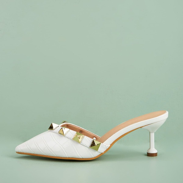 

Studded Decor Croc Embossed Heeled Mules, White