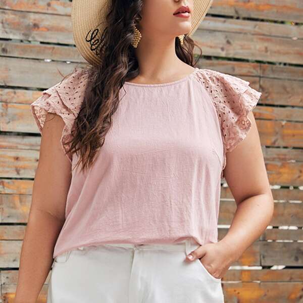 

Plus Schiffy Ruffle Armhole Top, Dusty pink