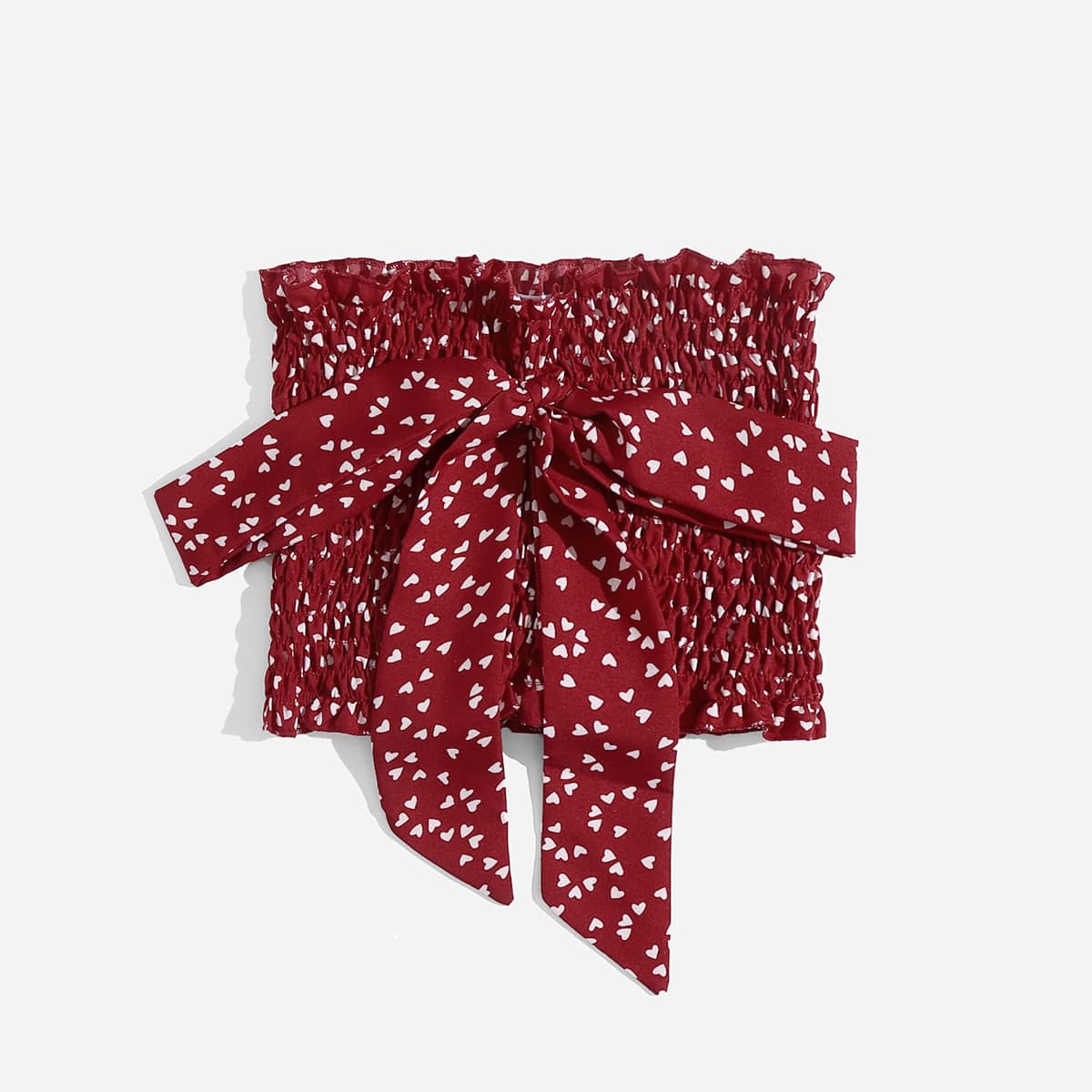 

Heart Print Bow Shirred Crop Tube Top, Burgundy