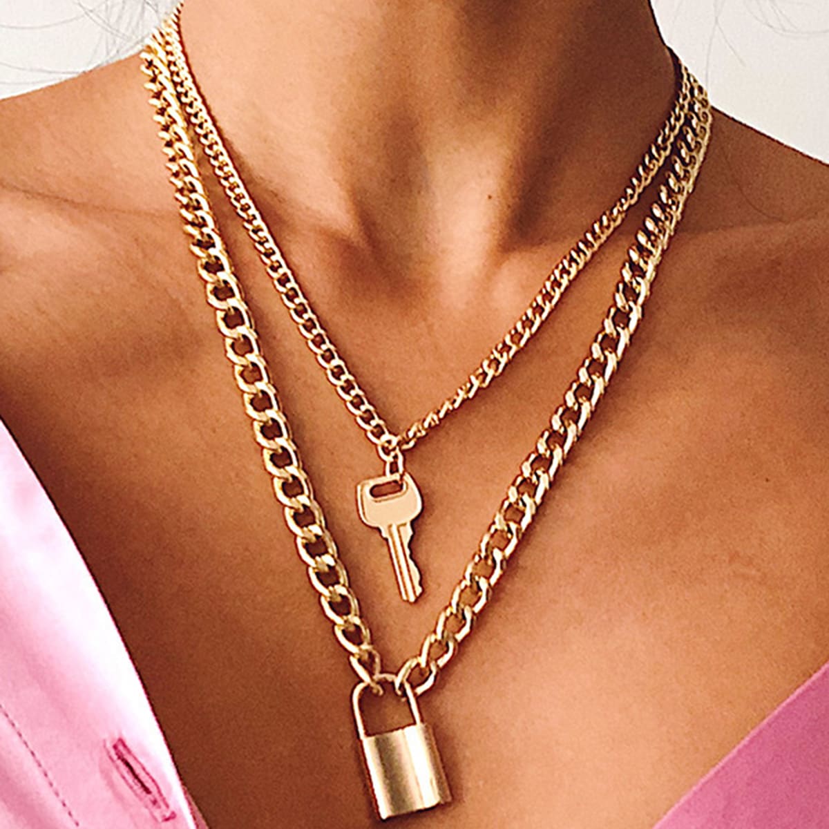 

Key & Lock Design Necklace, Gold