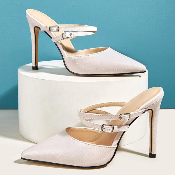 

Buckle Strap Croc Embossed Mule Heels, Beige