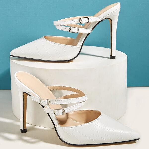 

Buckle Strap Croc Embossed Mule Heels, White
