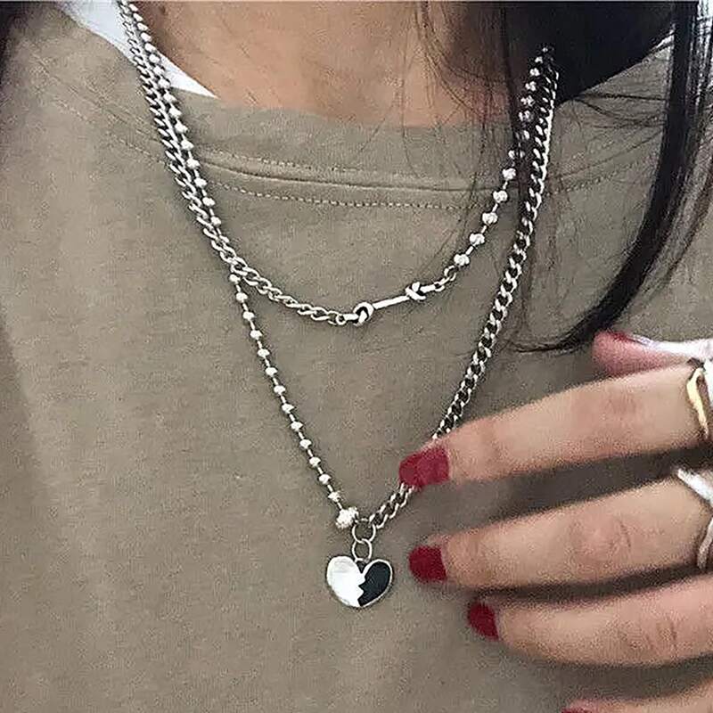 

2pcs Heart & Geo Necklace Sets, Silver