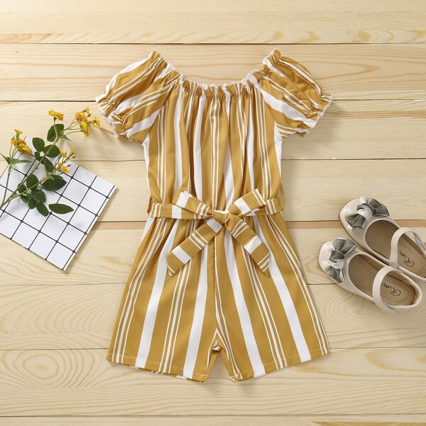

Baby Girl Striped Self Tie Romper, Khaki
