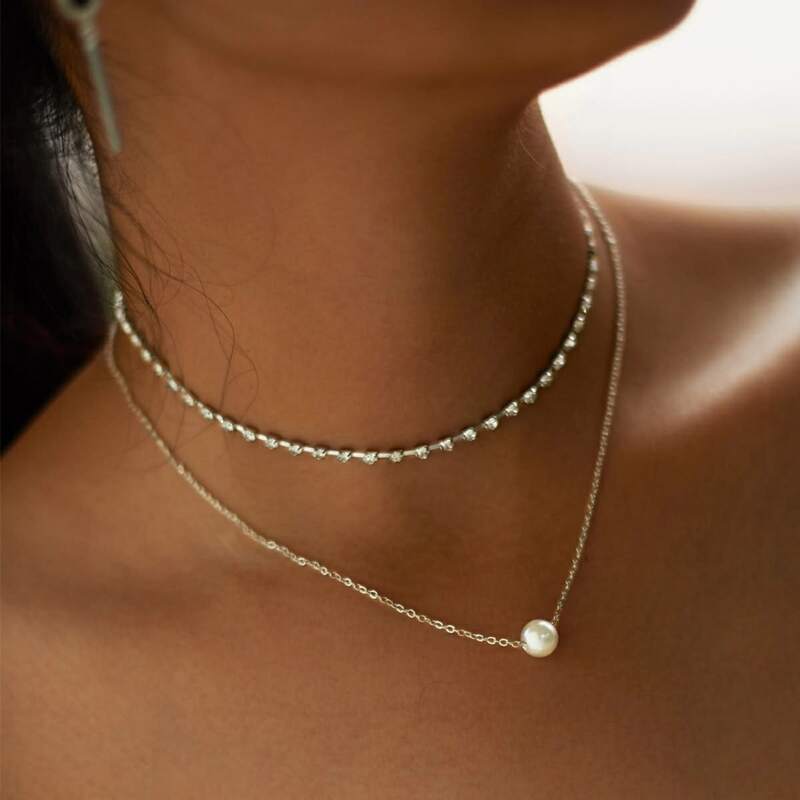 2pcs Rhinestone & Faux Pearl Necklace, Gold