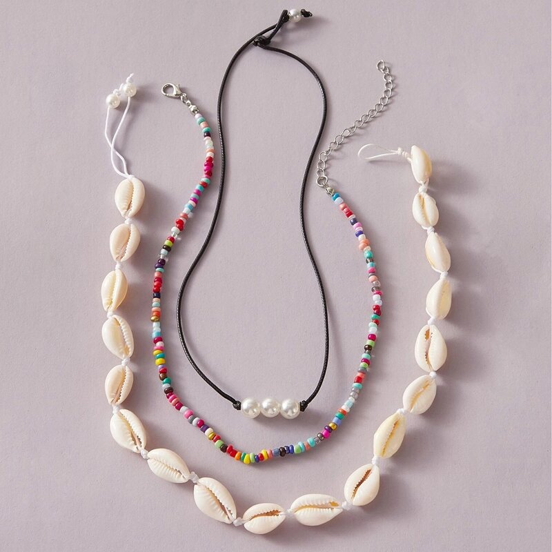 

3pcs Shell & Beaded Necklace, Multicolor