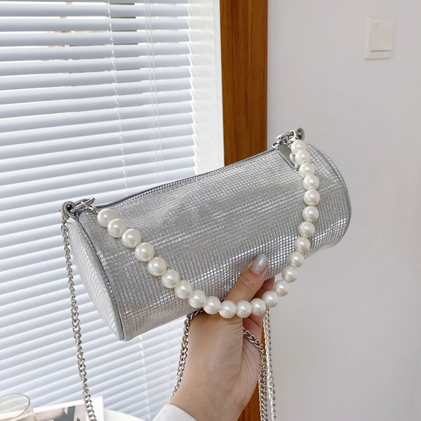 

Faux Pearl & Rhinestone Decor Crossbody Bag, Silver
