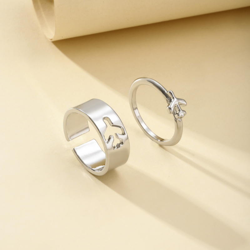 

2pcs Plane & Hollow Out Decor Ring, Silver