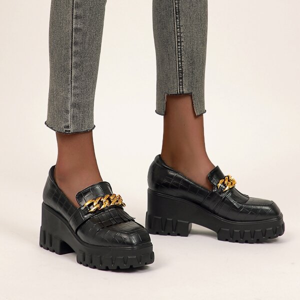 

Chain Decor Croc Embossed Wedge Loafers, Black