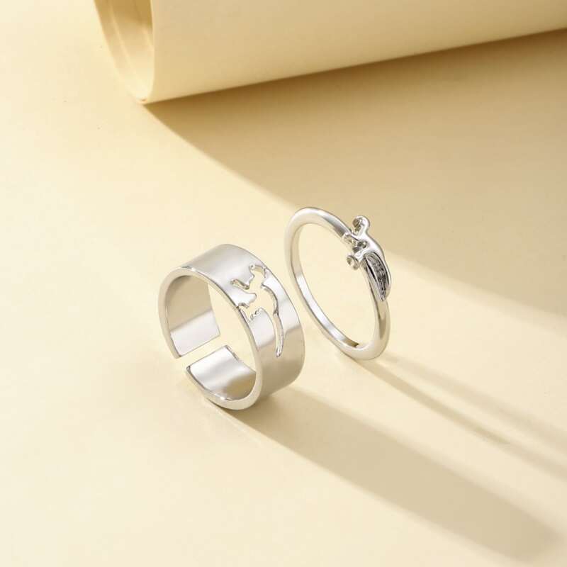 

2pcs Dinosaur & Hollow Out Decor Ring, Silver