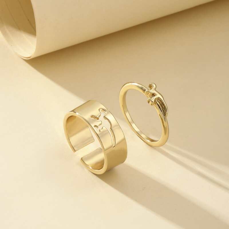 

2pcs Dinosaur & Hollow Out Decor Ring, Gold