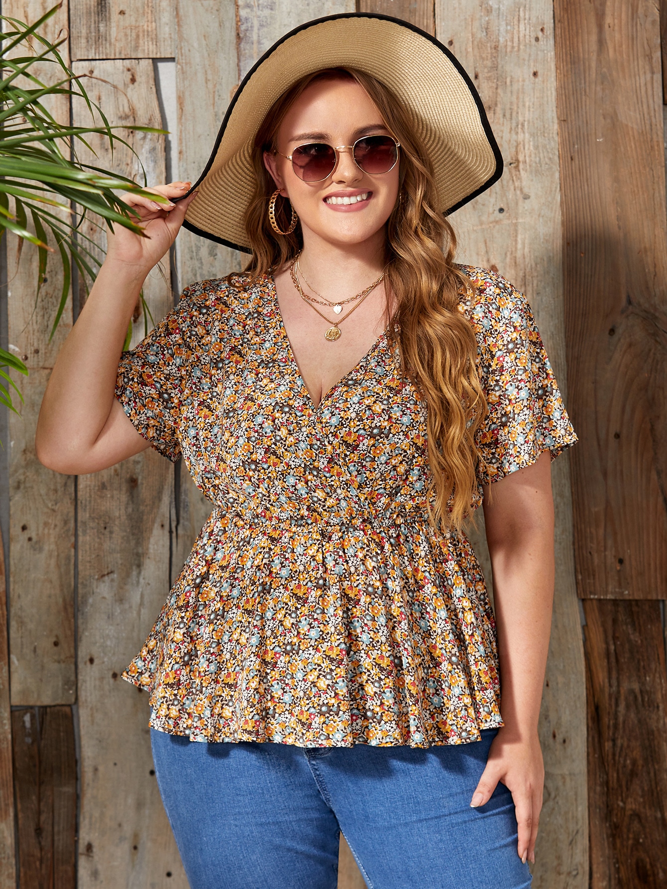Is That The New Plus Ditsy Floral Surplice Neck Peplum Blouse