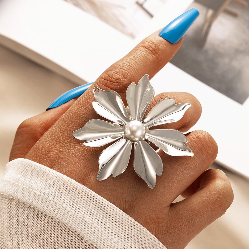 

1pc Flower Design Ring, Silver