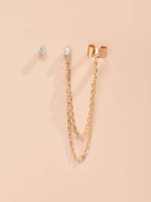 2 Piezas Aretes No Coincidentes Con Decoración De Cadena - Amarillo Oro - Ver 3