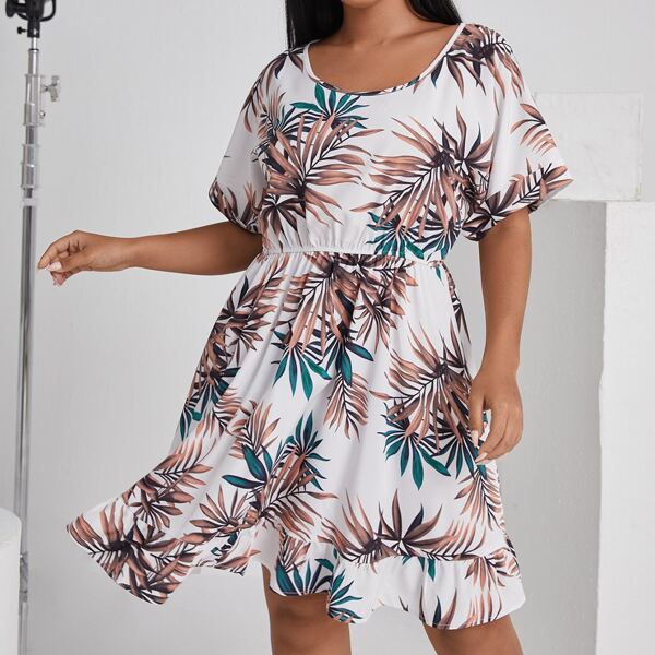 

Plus All Over Plants Print Ruffle Hem A-line Dress, Multicolor