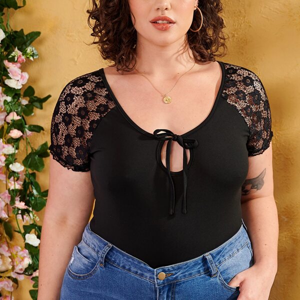 

Plus Lace Panel Tie Neck Tee, Black