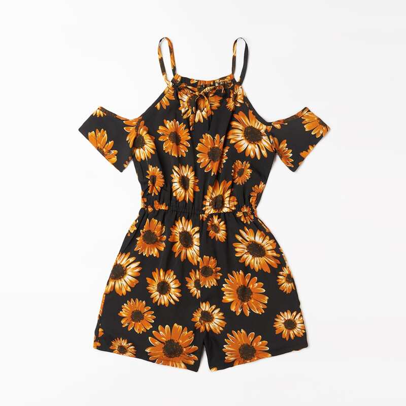 

Sunflower Print Cold Shoulder Romper, Black