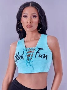 SHEIN BAE Lace Up Front Letter Graphic Crop Tank Top - Baby Blue - View 5