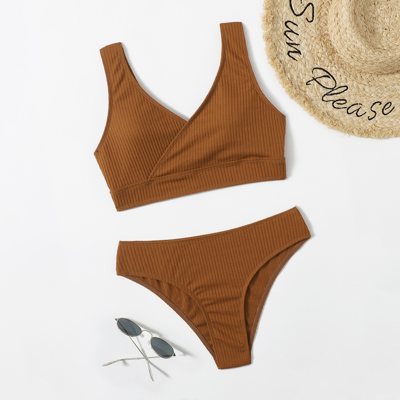 

Solid Wrap Bikini Swimsuit, Brown