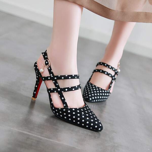 

Polka Dot Stiletto Heeled Slingback Pumps, Black