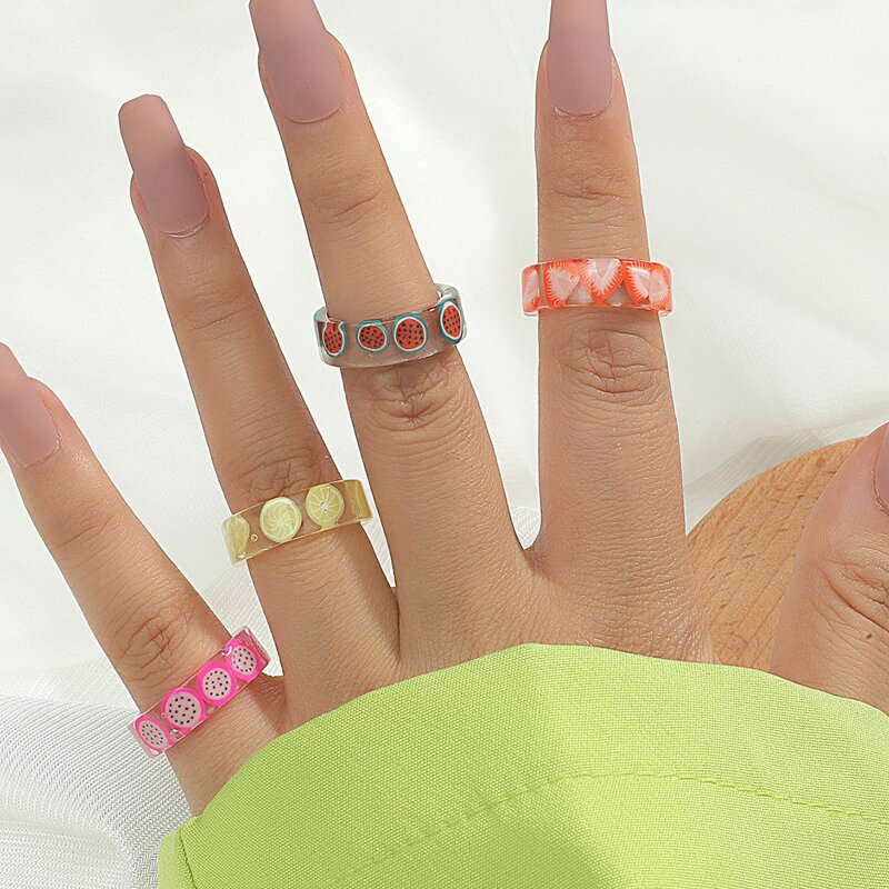 

4pcs Fruit Resin Ring, Multicolor