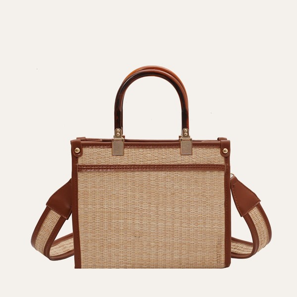 

Contrast Binding Straw Bag, Brown