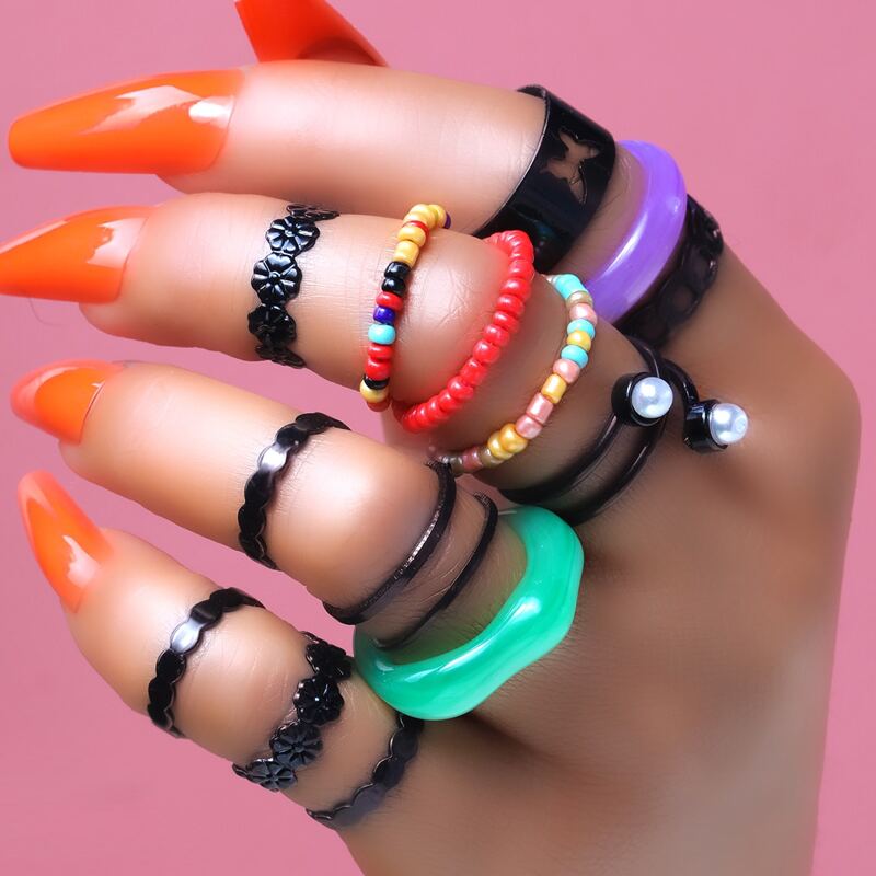 

14pcs Beaded Decor Ring, Multicolor