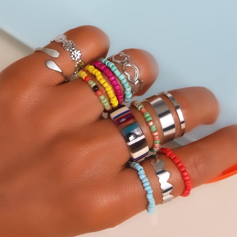 

13pcs Heart Beaded Ring Set, Multicolor