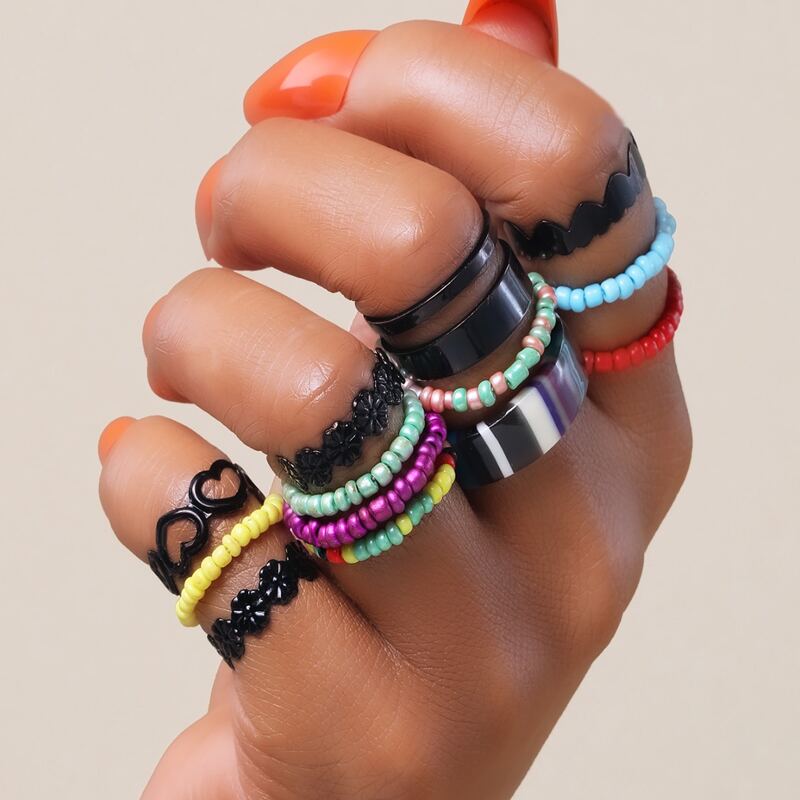 

13pcs Heart Beaded Ring Set, Black
