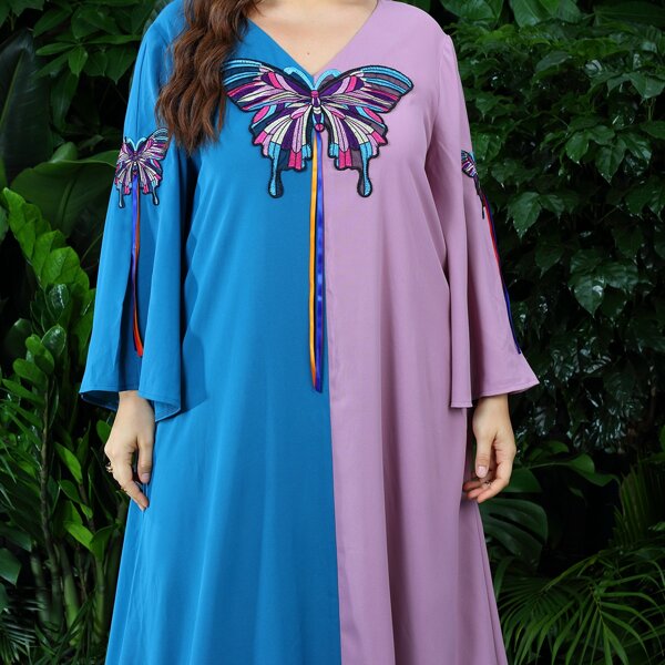 

Plus Two Tone Butterfly Embroidery Flounce Sleeve Maxi Dress, Multicolor