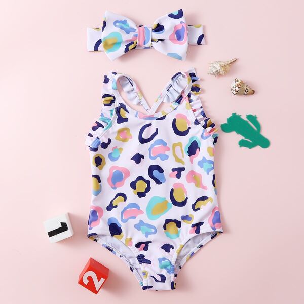 

Baby Girl Leopard Ruffle One Piece Swimsuit & Headband, Multicolor