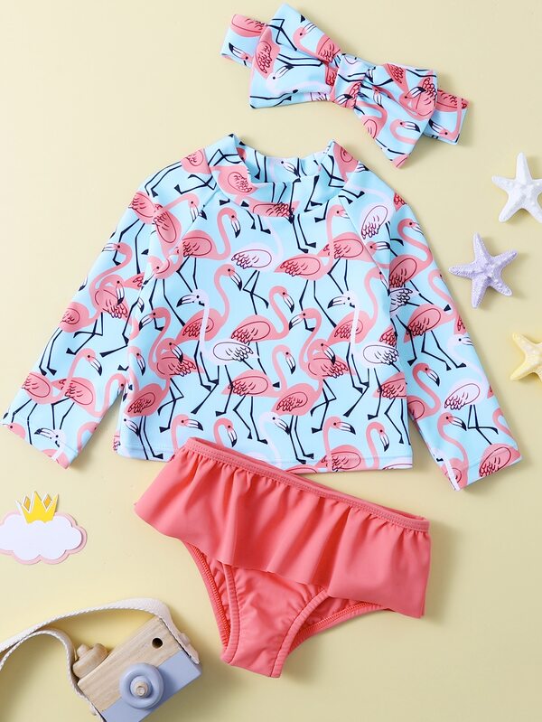 女婴火烈鸟印花荷叶边沙滩装和头带夏日海滩