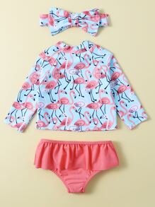 女婴火烈鸟印花荷叶边沙滩装和头带夏日海滩 - 淺藍色 - 查看 2