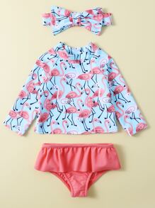 女婴火烈鸟印花荷叶边沙滩装和头带夏日海滩 - 淺藍色 - 查看 3