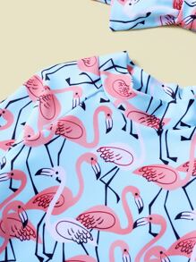 女婴火烈鸟印花荷叶边沙滩装和头带夏日海滩 - 淺藍色 - 查看 5