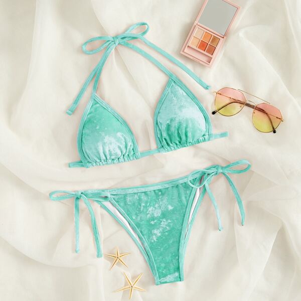 

Velvet Halter Tie Side Bikini Swimsuit, Green