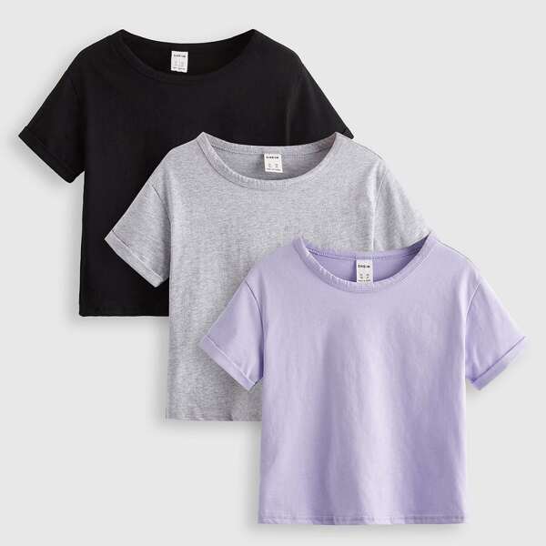 

Toddler Girls 3pcs Solid Round Neck Tee, Multicolor